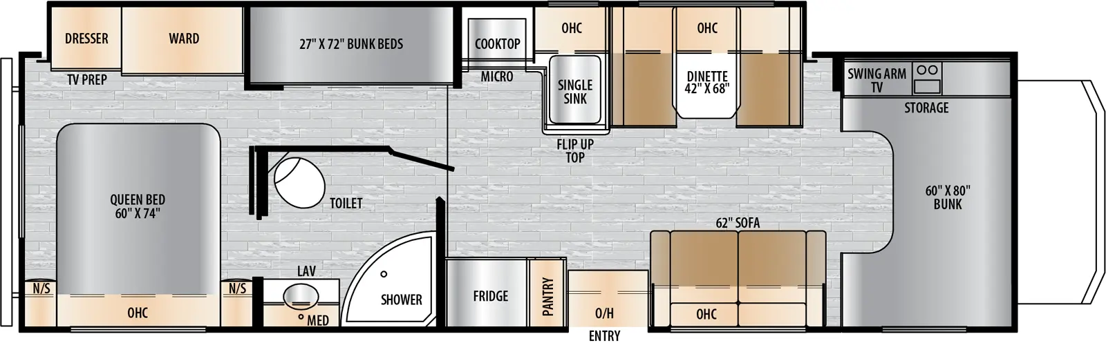 The 3100FB has one slideout and one entry. Interior layout front to back: front cab over bunk with off-door side swing arm TV and storage; off-door side full side slideout with dinette, peninsula kitchen counter with sink, overhead cabinet, cooktop, microwave, bunk beds, and rear wardrobe and dresser with TV prep; door side sofa, overhead cabinet, entry, pantry, refrigerator, full pass-thru bathroom with medicine cabinet, and rear queen bed with overhead cabinet and nightstands on each side.